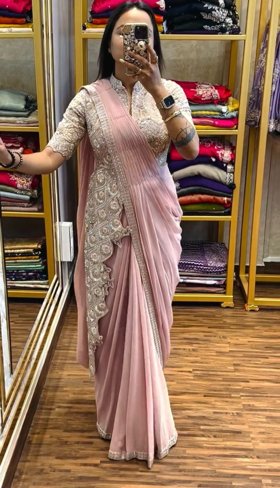READY TO WEAR SAREE WITH FULLY EMBROIDERED STYLIST BLOUSE ON CHINON FABRIC