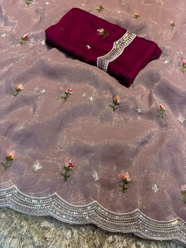 Crunchy Chiffon Multi Embroidery Work Saree