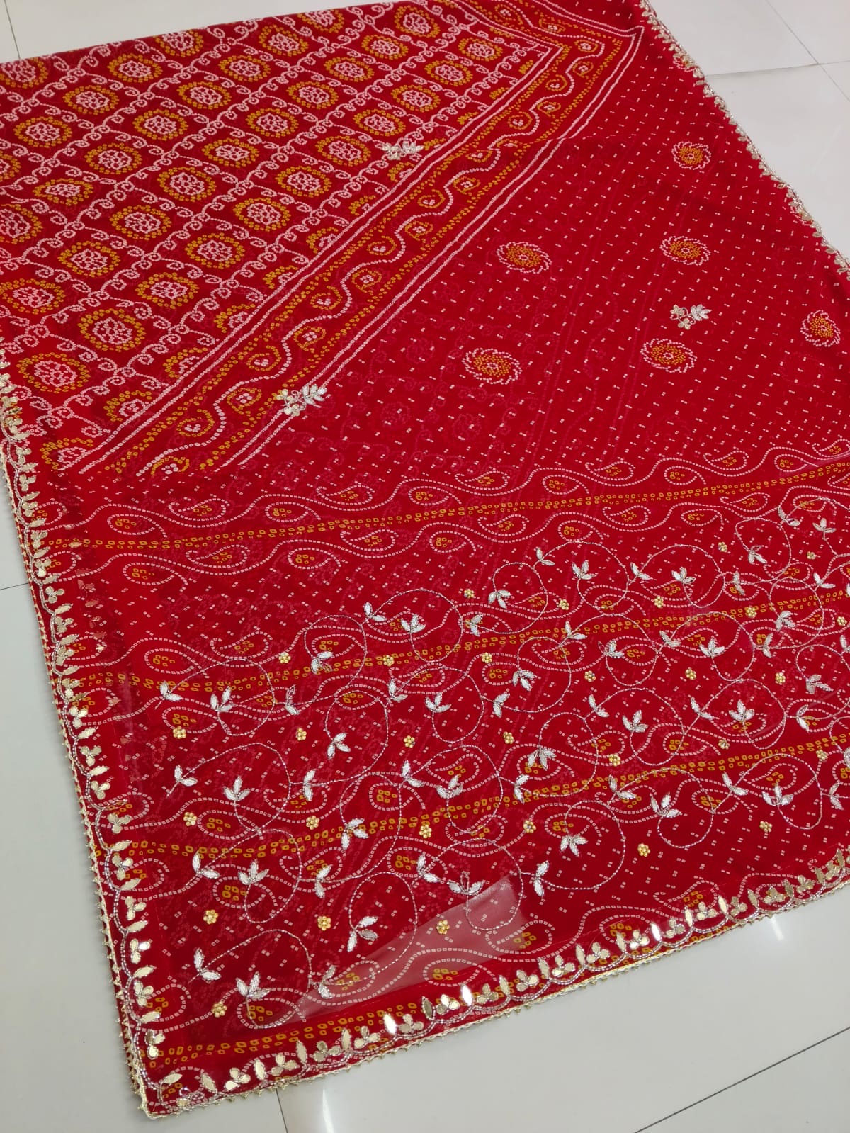 Rajasthani designer chunri Fabric Saree With Beautiful Cutdana Heavy Jaal