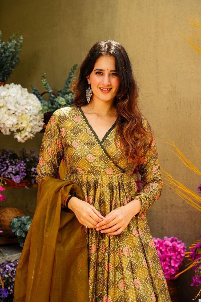 Yellow Patola Digital Printed Gown With dupatta