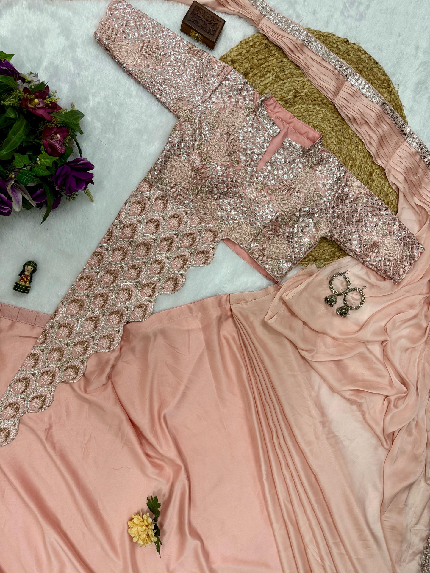 READY TO WEAR SAREE WITH FULLY EMBROIDERED STYLIST BLOUSE ON CHINON FABRIC