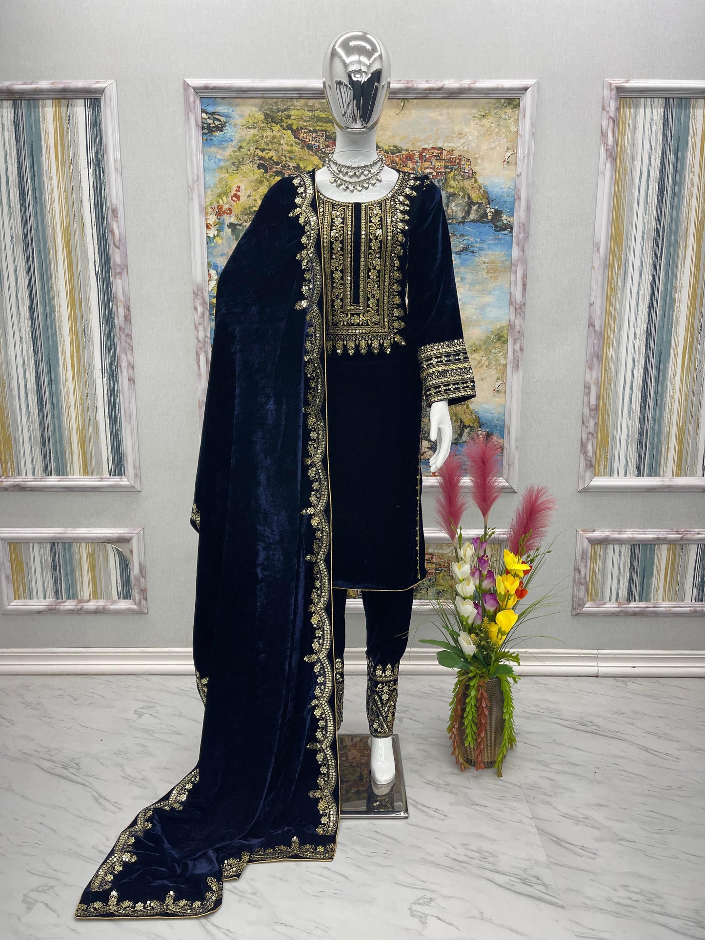 Viscose Velvet With Embroidery suit set
