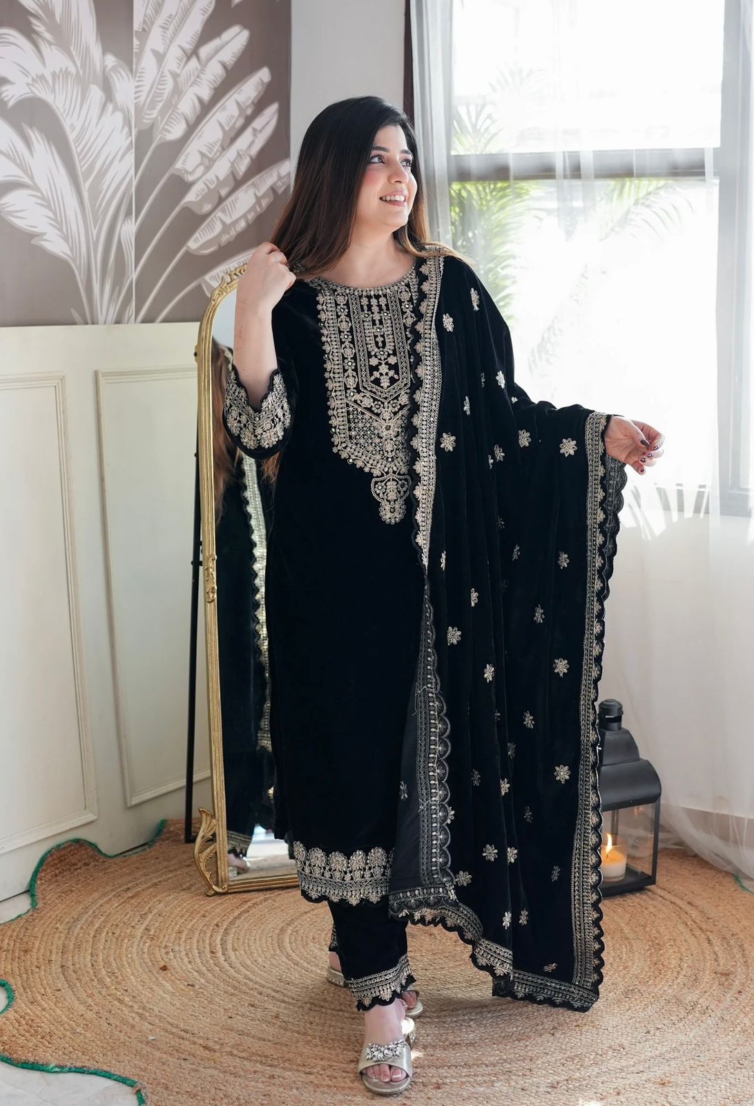 Velvet Top -Pant Dupatta Set Fully Stitched Ready To Wear