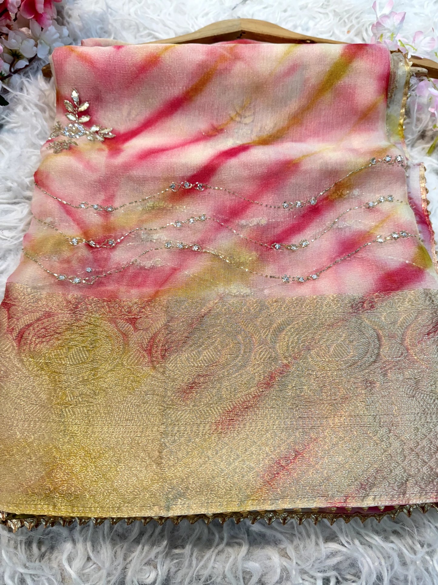 Organza saree with diamond stone handwork
