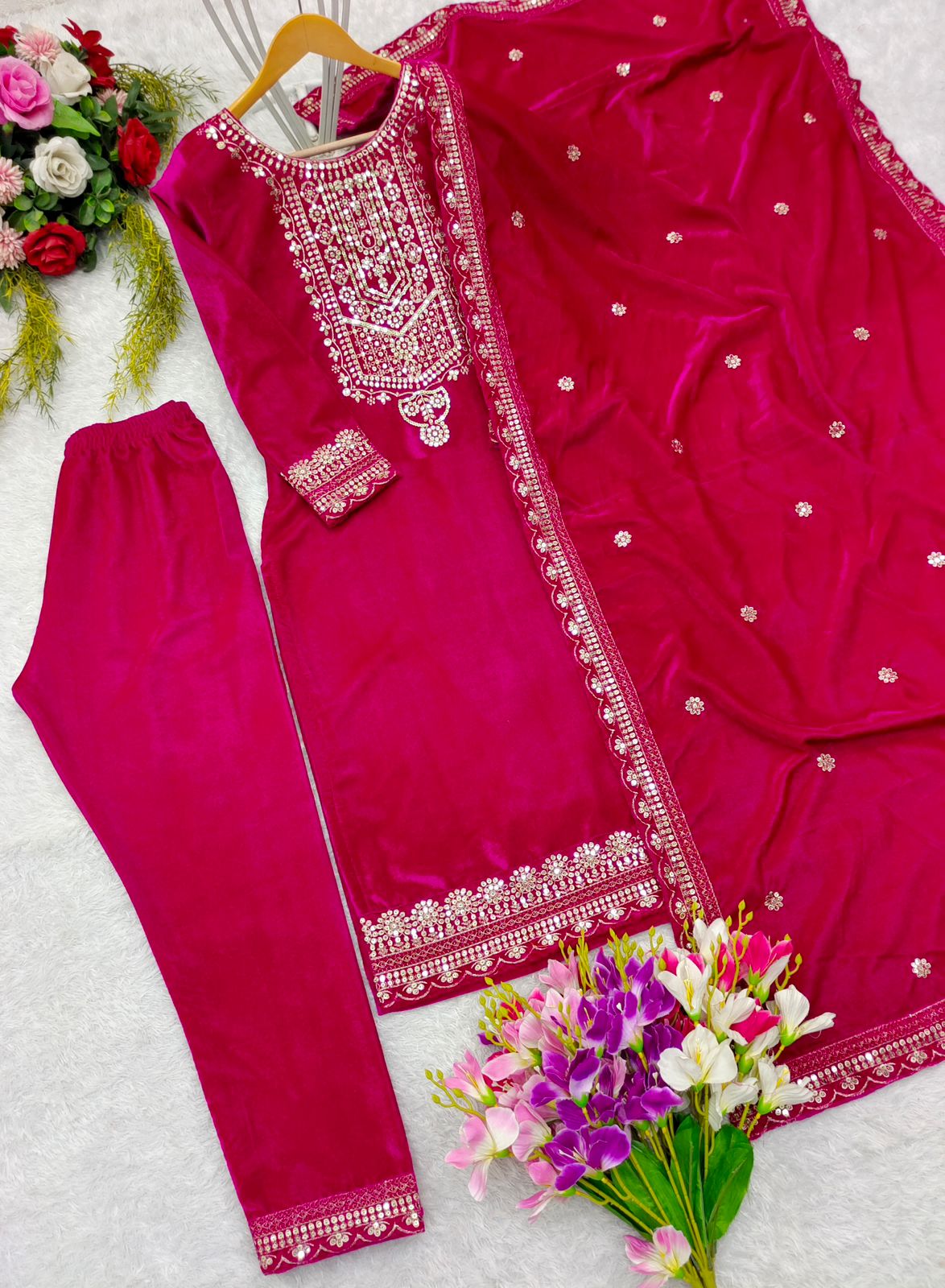 Velvet Top -Pant Dupatta Set Fully Stitched Ready To Wear