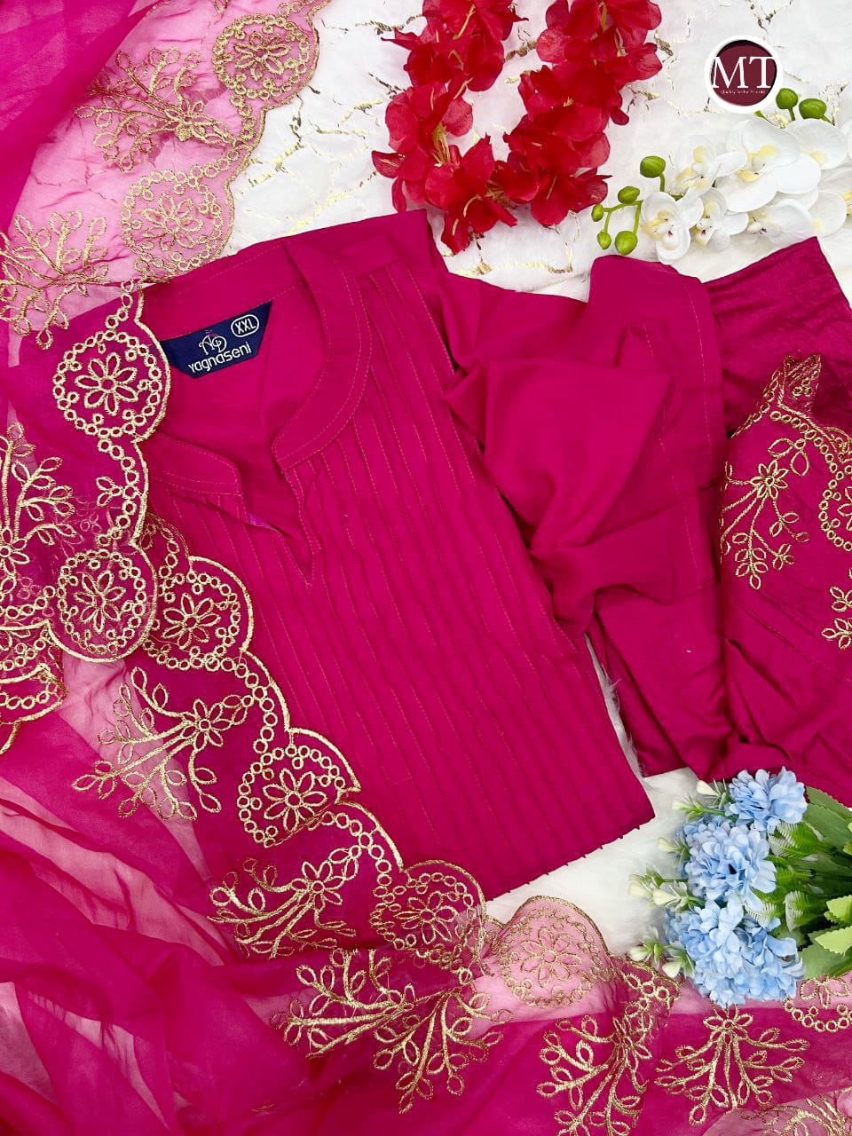 Chanderi Kurti-pent With Organza Dupatta in Embroidery Work