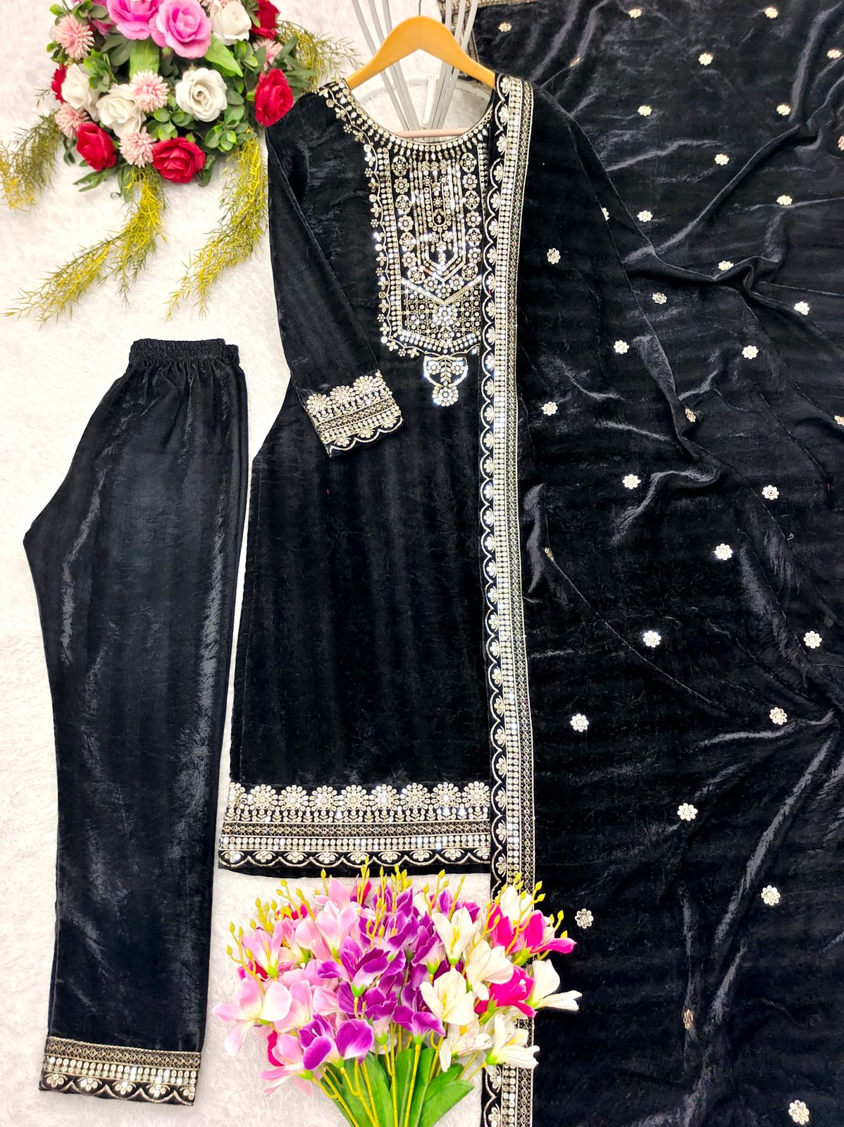 Velvet Top -Pant Dupatta Set Fully Stitched Ready To Wear