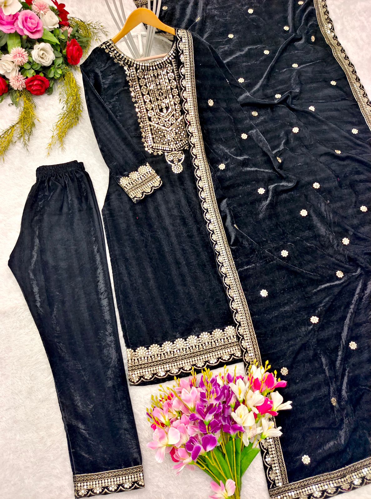 Velvet Top -Pant Dupatta Set Fully Stitched Ready To Wear