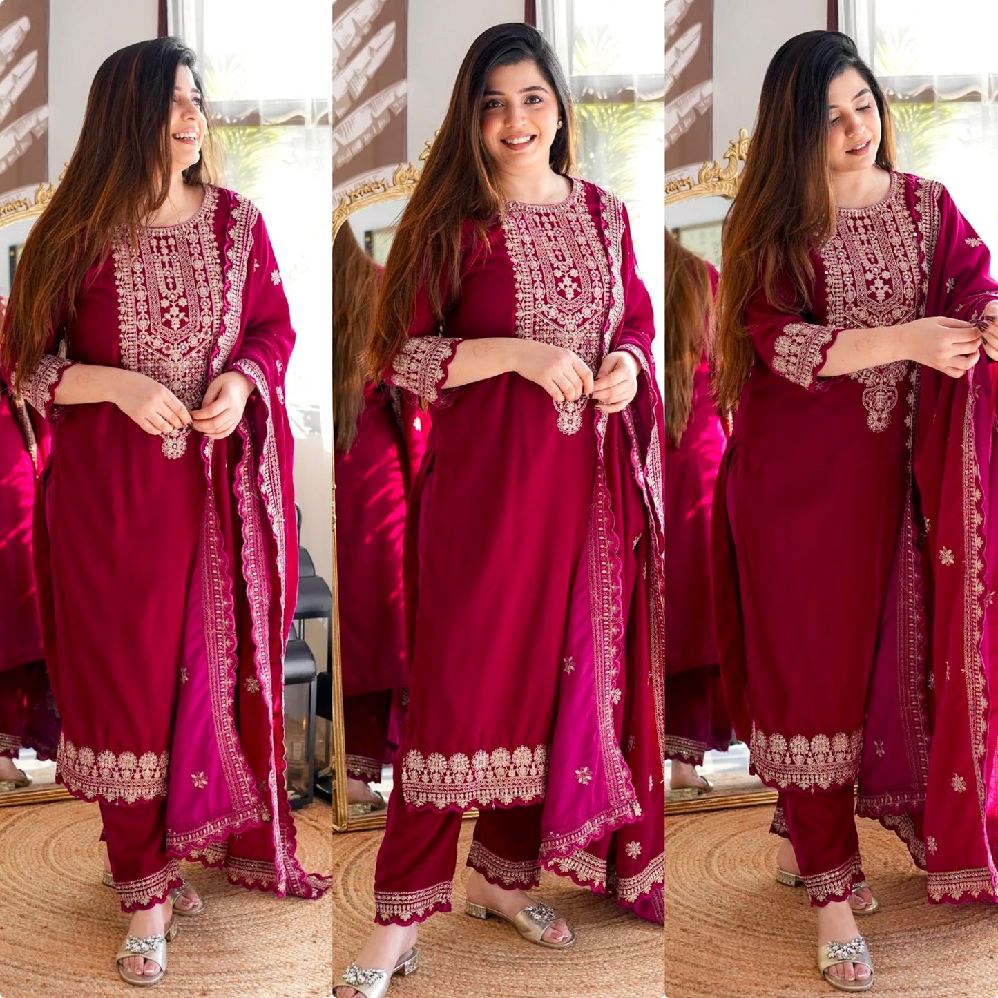 Velvet Top -Pant Dupatta Set Fully Stitched Ready To Wear