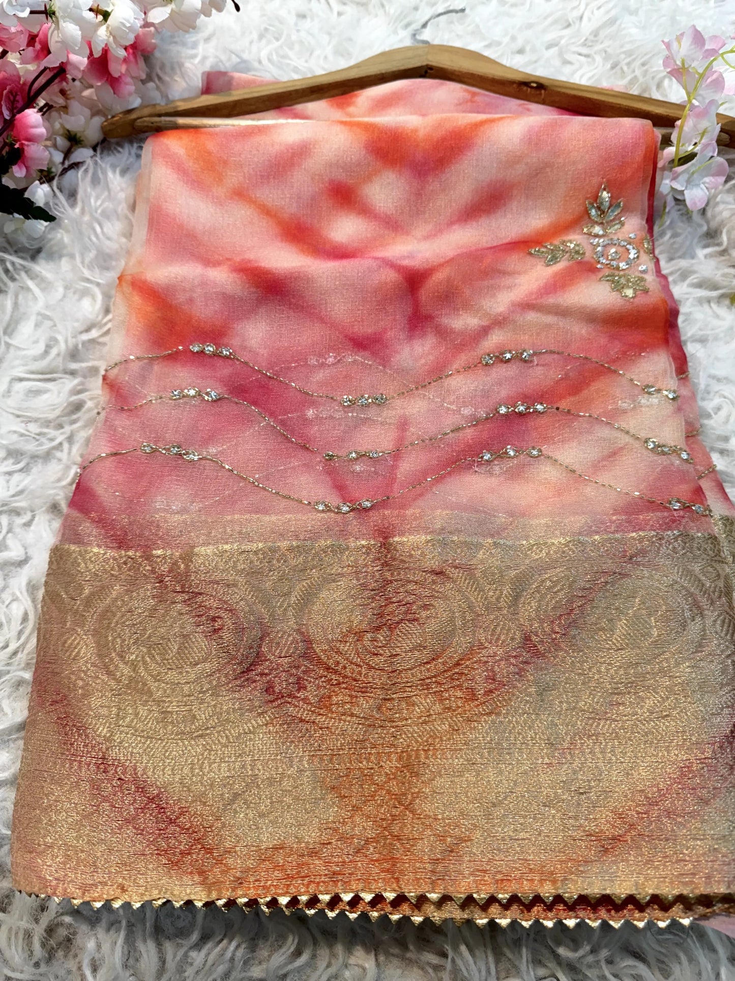 Organza saree with diamond stone handwork