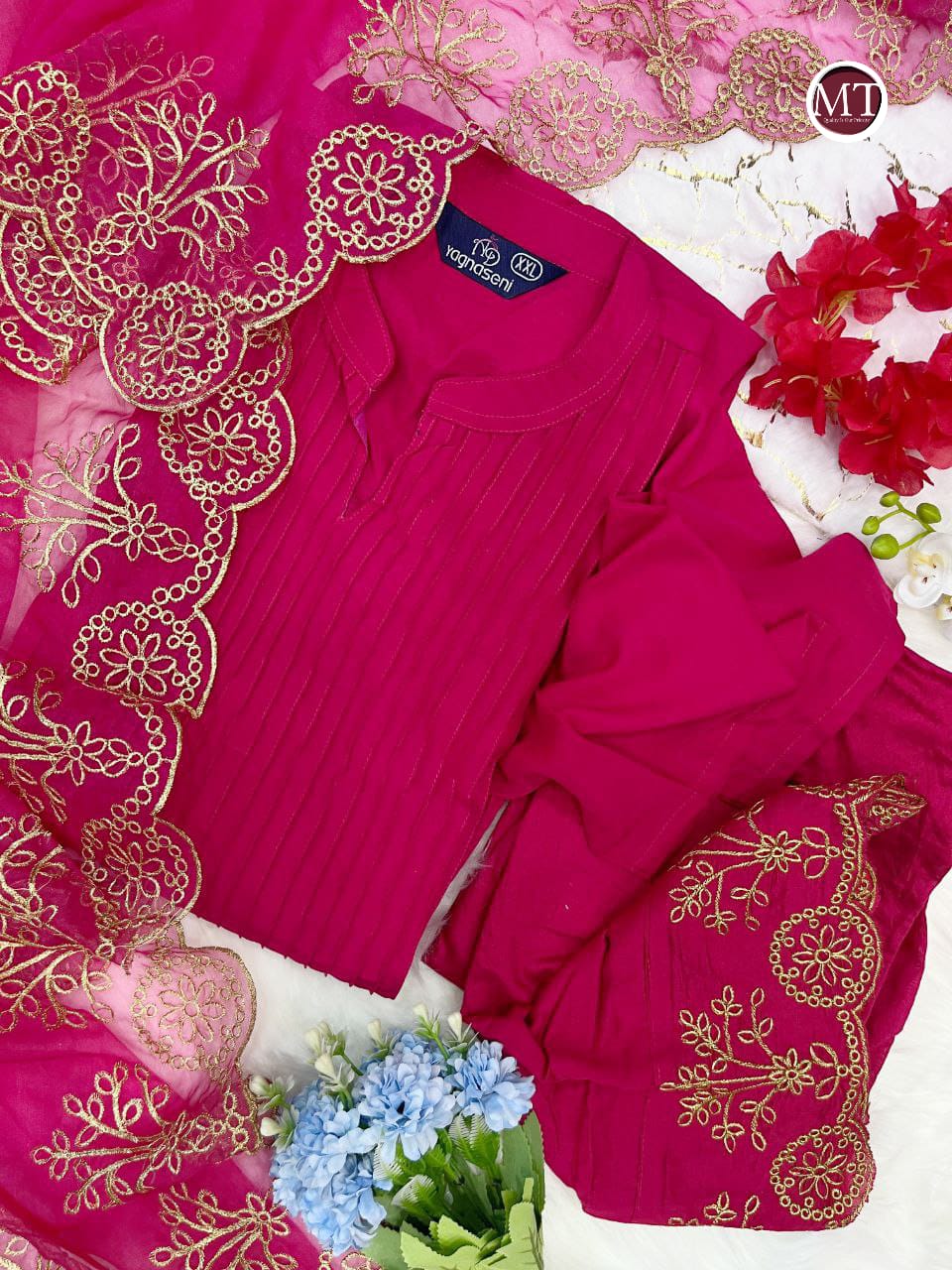Chanderi Kurti-pent With Organza Dupatta in Embroidery Work