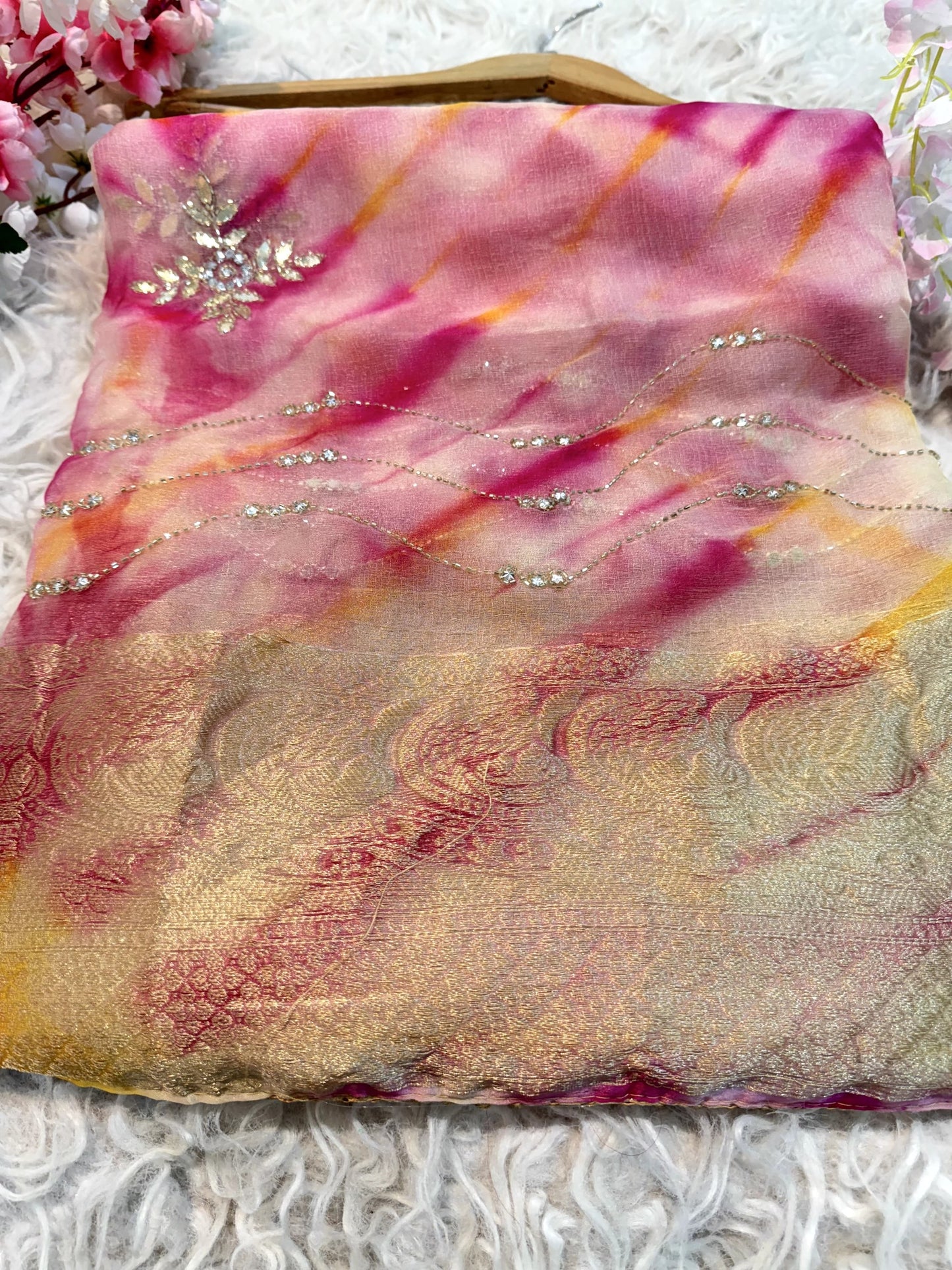 Organza saree with diamond stone handwork