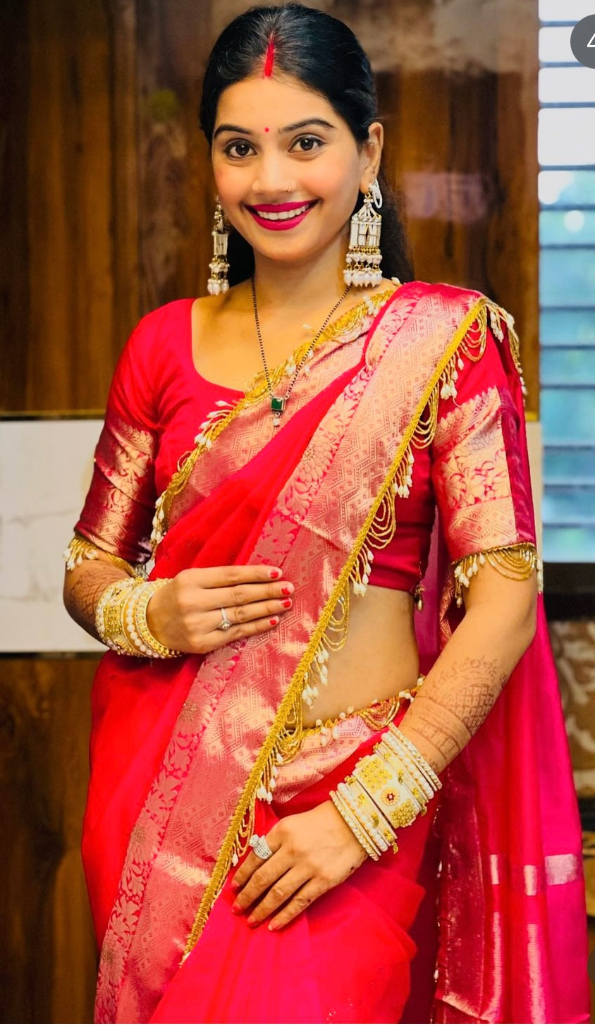 Trending Soft Banarasi saree with beautiful jhalar lace