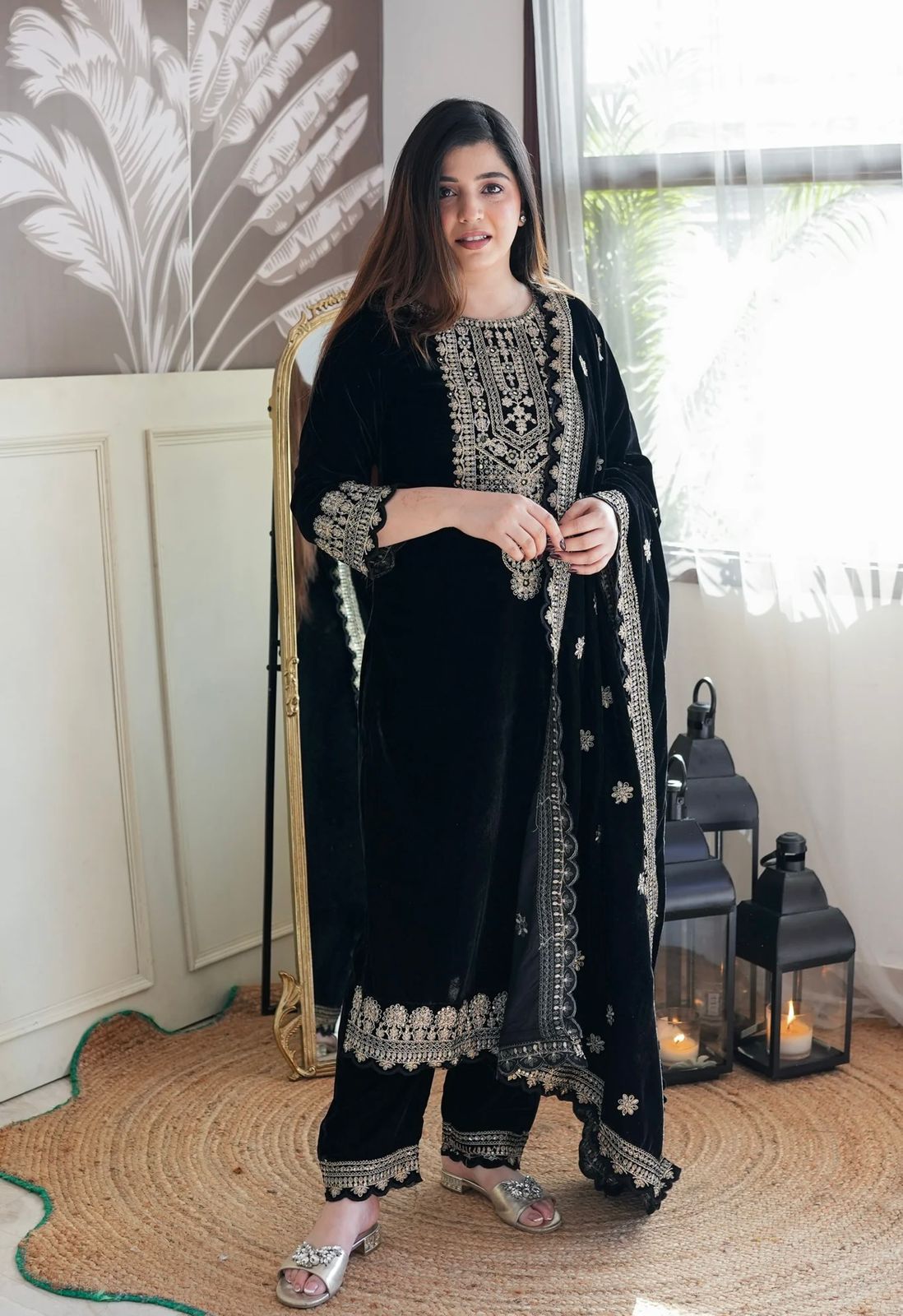 Velvet Top -Pant Dupatta Set Fully Stitched Ready To Wear