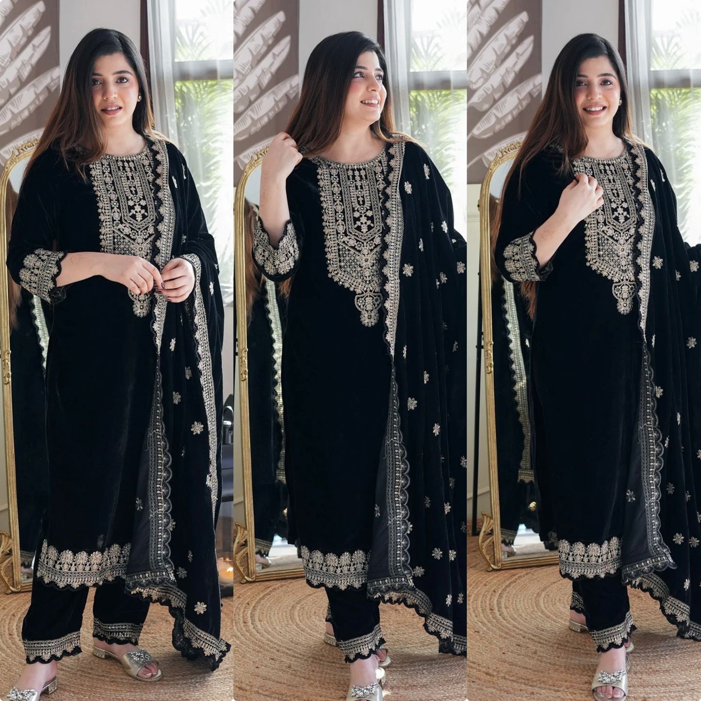 Velvet Top -Pant Dupatta Set Fully Stitched Ready To Wear
