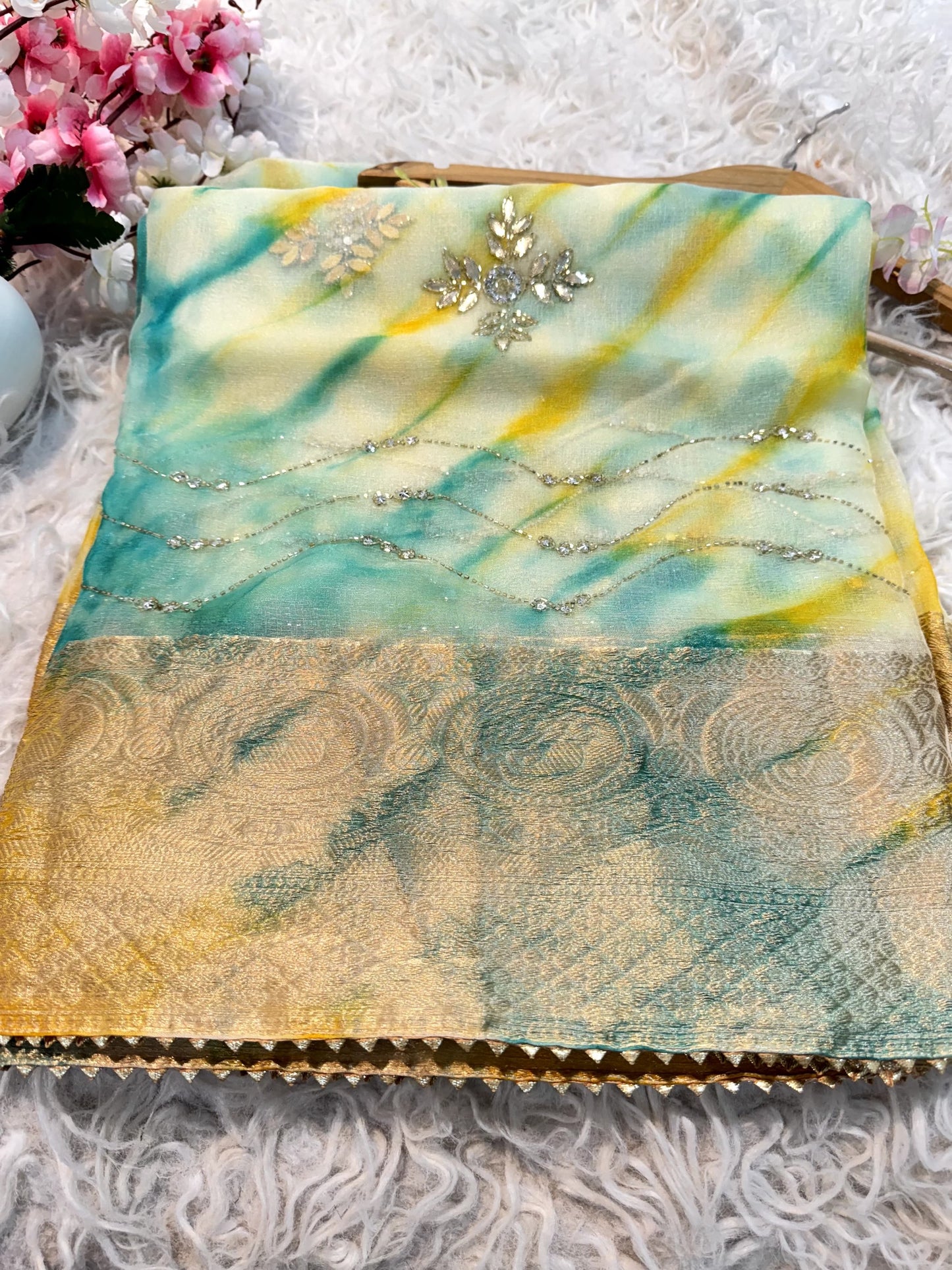 Organza saree with diamond stone handwork
