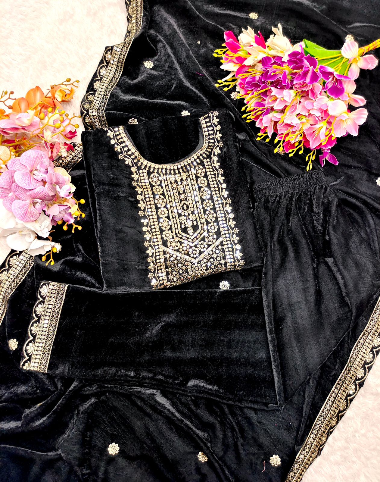 Velvet Top -Pant Dupatta Set Fully Stitched Ready To Wear