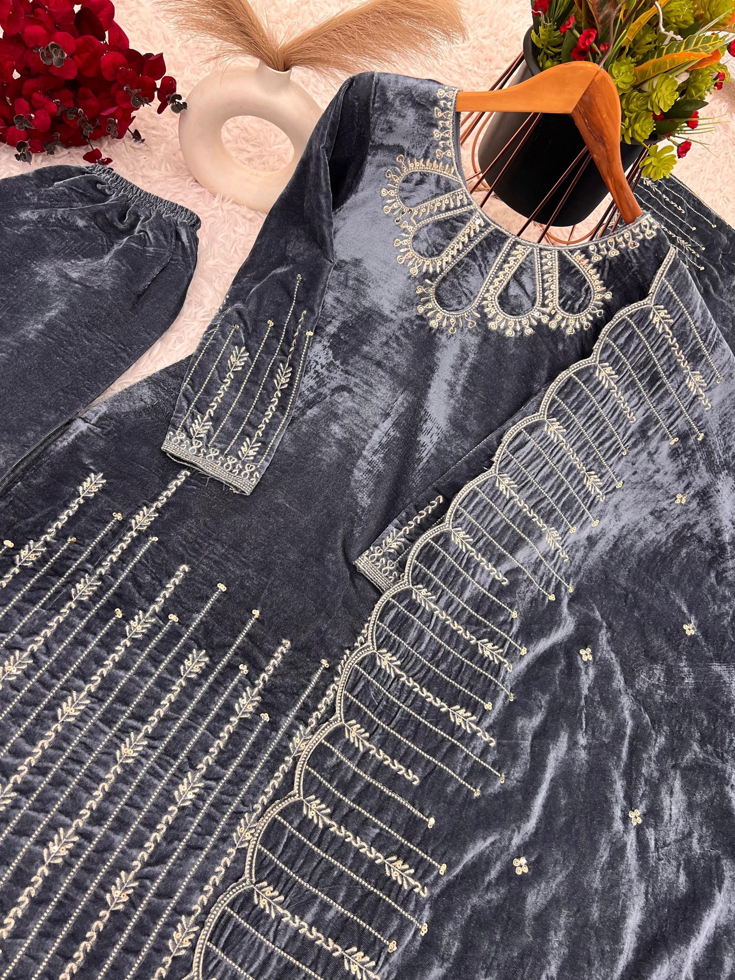 Heavy Viscose Velvet With Heavy Embroidery Sequence Work
