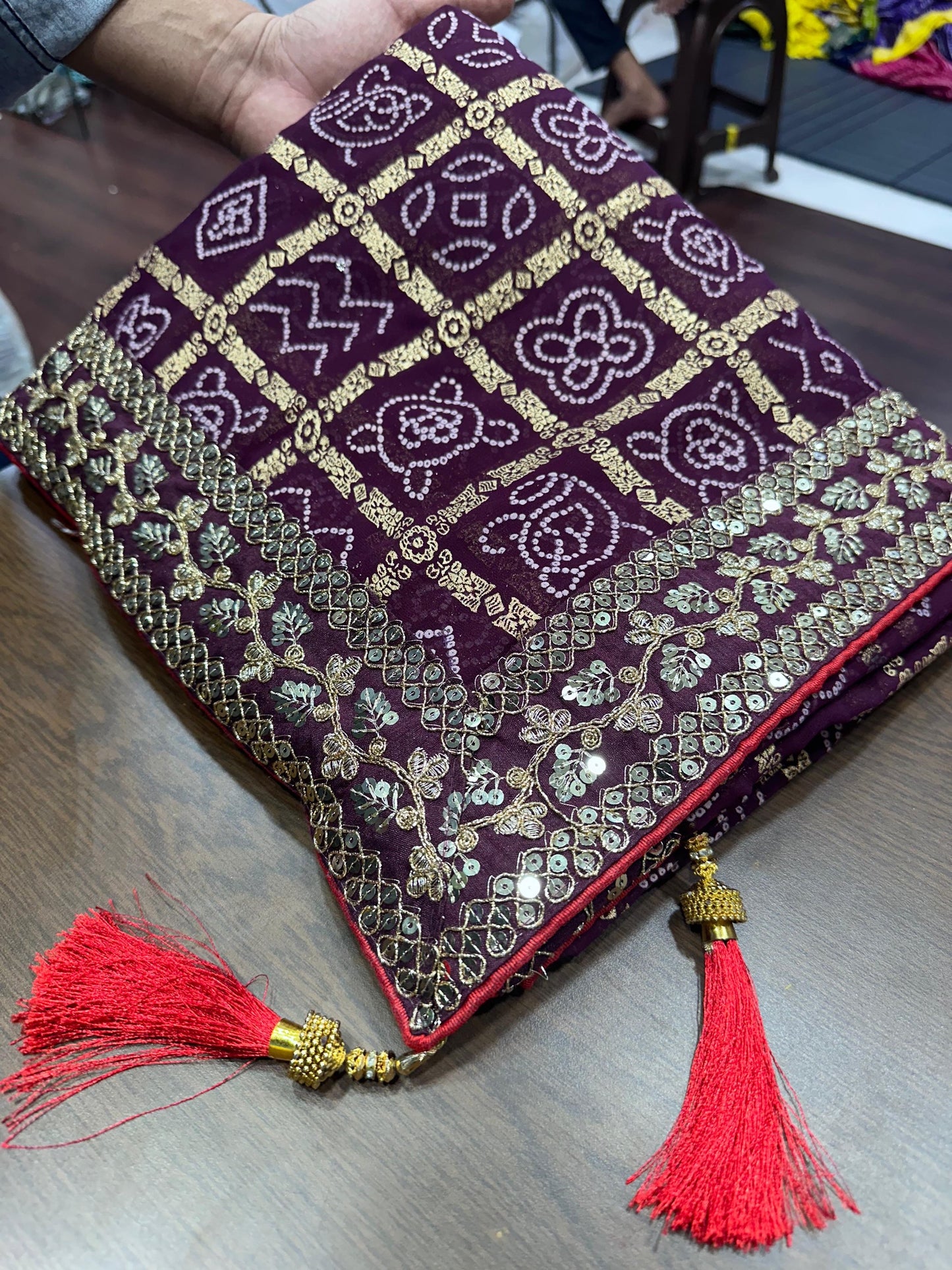 Georgette bandhej with Sequence Lace border saree