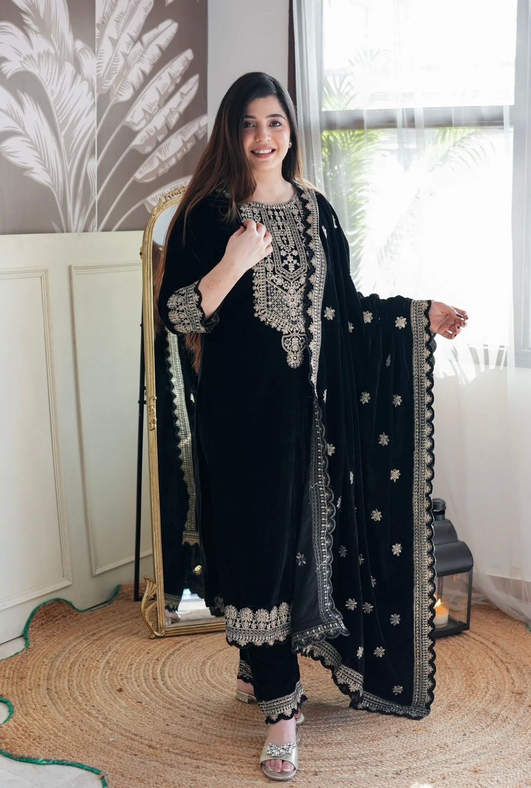 Velvet Top -Pant Dupatta Set Fully Stitched Ready To Wear