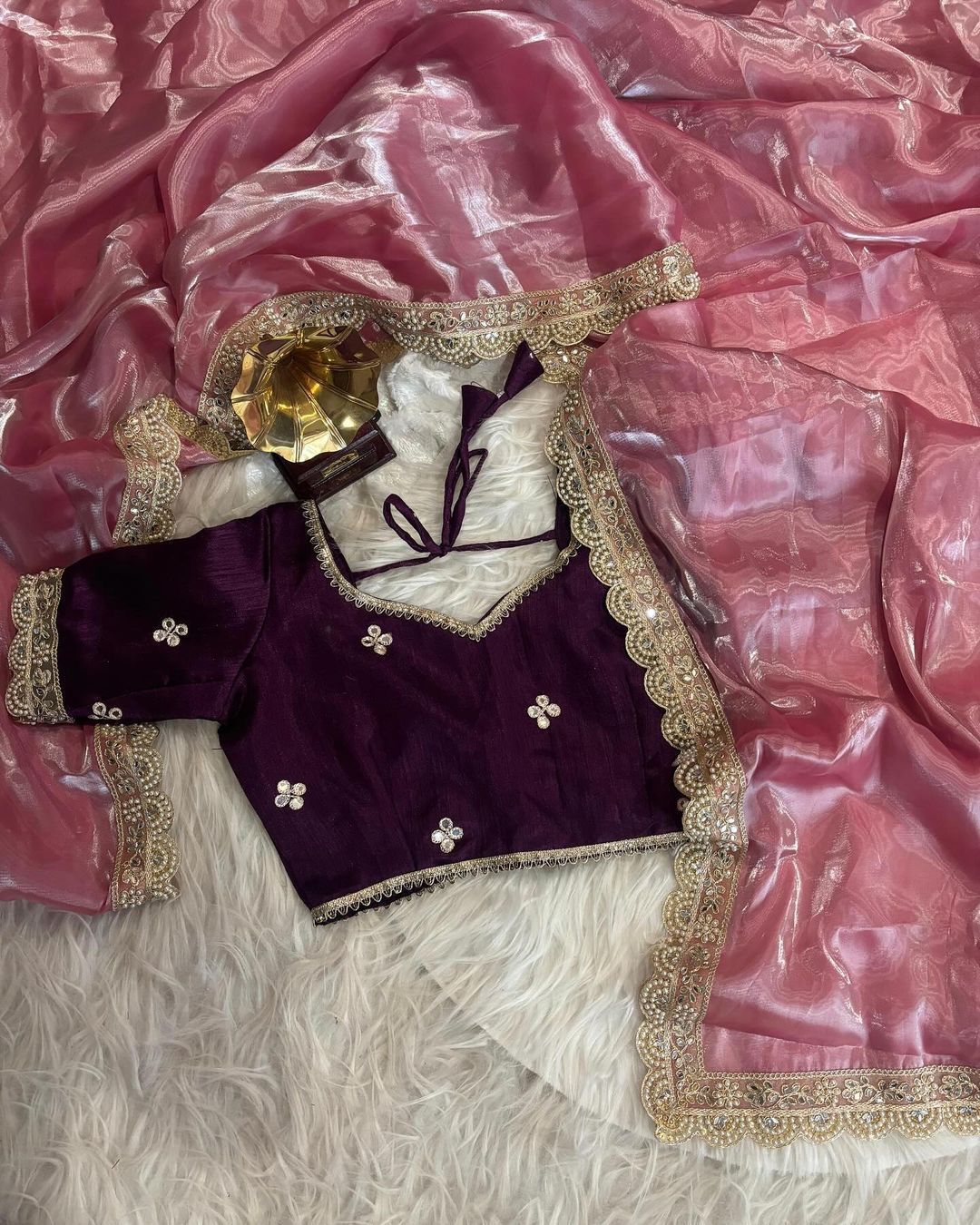 Satin Jimmychoo saree with embroidery mirror work