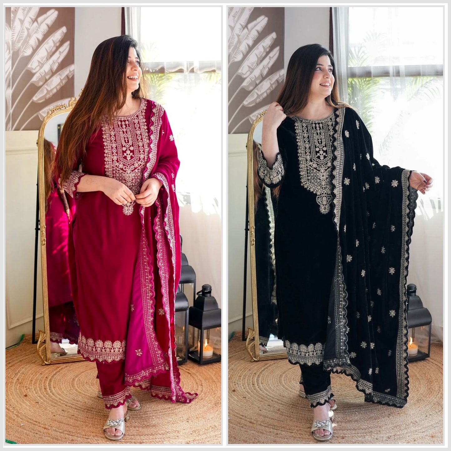 Velvet Top -Pant Dupatta Set Fully Stitched Ready To Wear