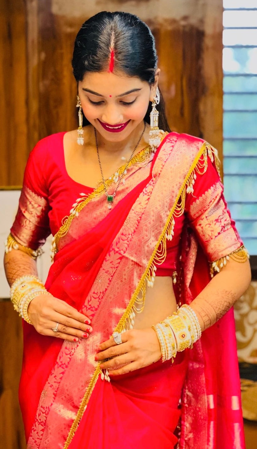 Trending Soft Banarasi saree with beautiful jhalar lace
