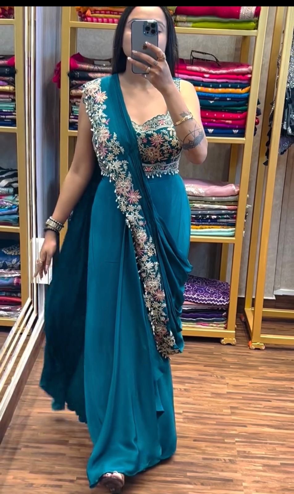 Embroidery cording work ready to wear saree with full koti