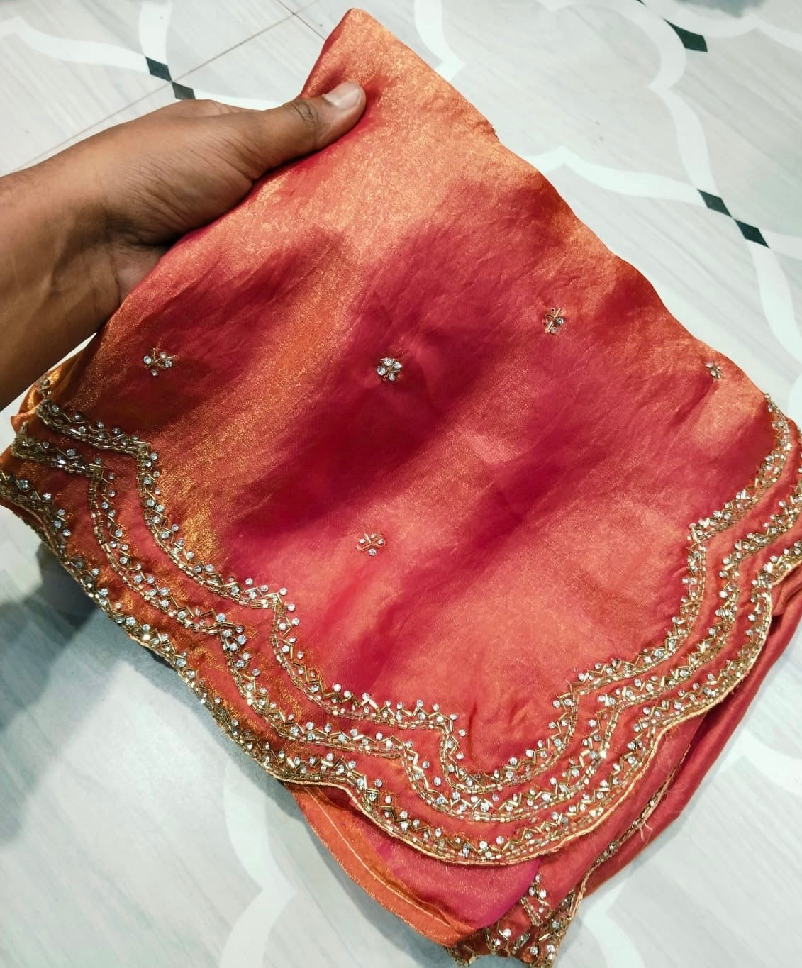 Fendi saree with diamond stone Lehriya border design Saree