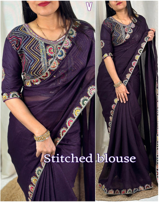 solid crush effect saree with Embroidered lace & stitched blouse