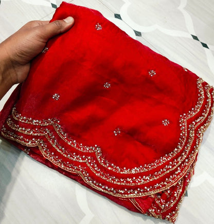 Fendi saree with diamond stone Lehriya border design Saree