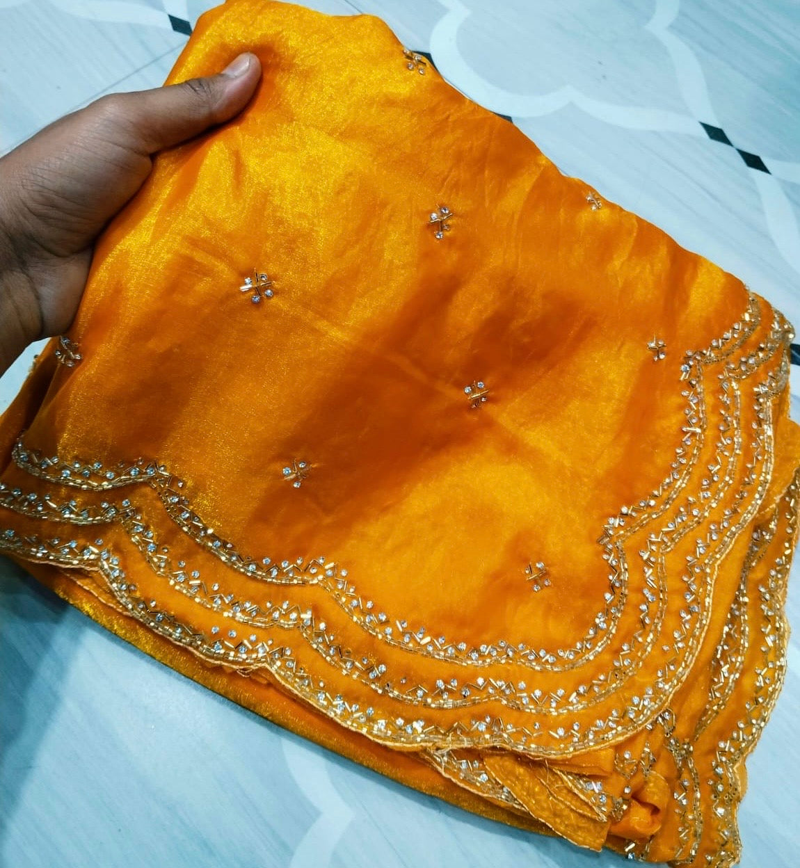 Fendi saree with diamond stone Lehriya border design Saree