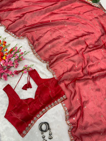 Jimmy Chu Silk Embellished With Beautiful Glitter Dori Work And Real Mirror Work