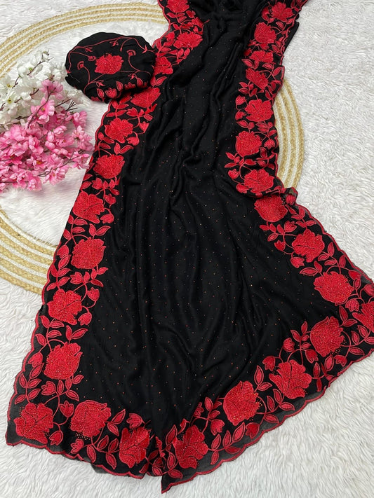 Soft Vichitra Blooming With Beautiful Embroidery Work