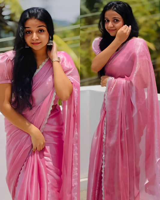 Pink Zimmy Choo Silk Saree with Cutwork Border