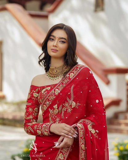 HEAVY GEORGETTE FABRIC ON BEAUTIFUL EMBRODIERY ZARI