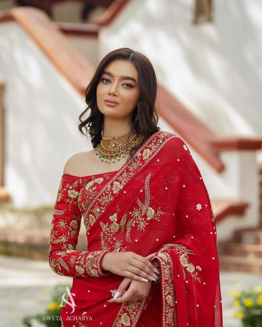 HEAVY GEORGETTE FABRIC ON BEAUTIFUL EMBRODIERY ZARI