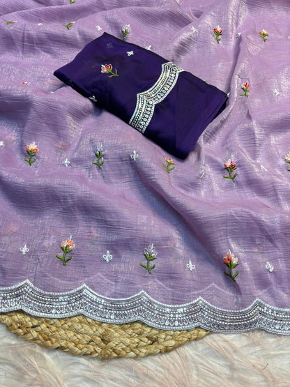 Crunchy Chiffon Multi Embroidery Work Saree