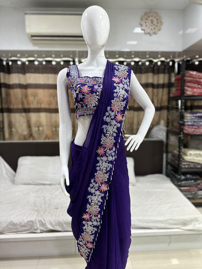 Embroidery cording work ready to wear saree with full koti