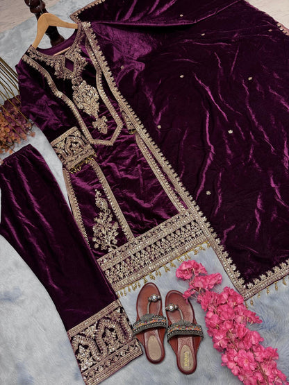 Viscose Velvet Top Plazzo & Dupatta Set