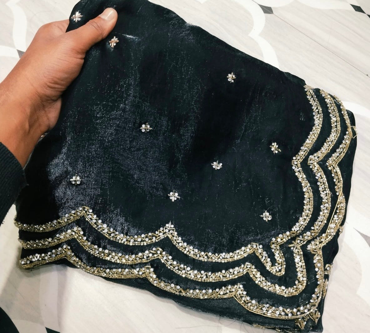 Fendi saree with diamond stone Lehriya border design Saree