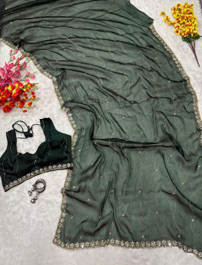 Jimmy Chu Silk Embellished With Beautiful Glitter Dori Work And Real Mirror Work
