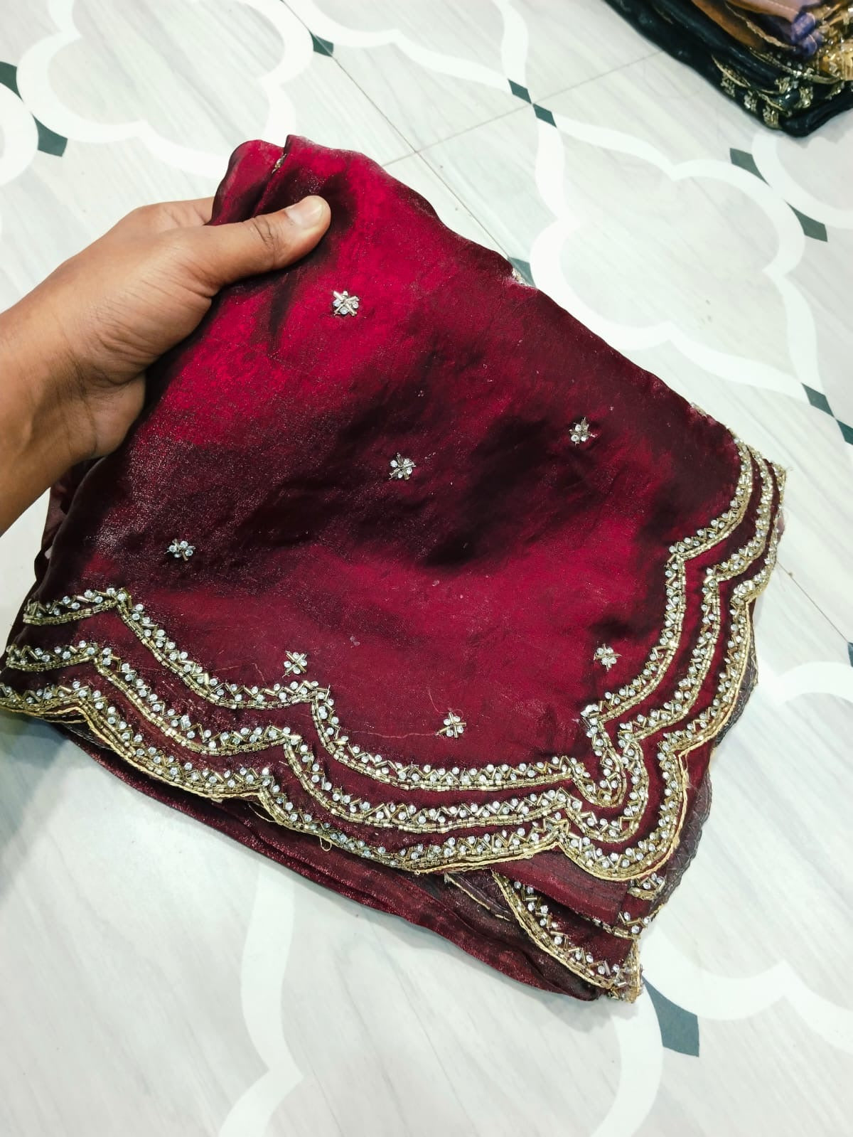 Fendi saree with diamond stone Lehriya border design Saree