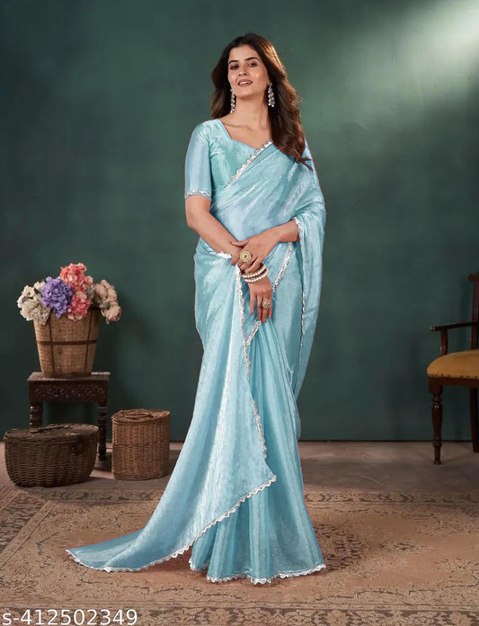 Sky blue Zimmy Choo Silk Saree with Cutwork Border