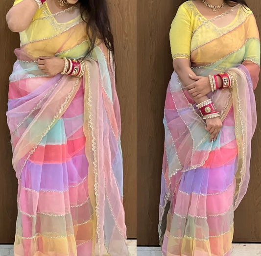 Crystal Tissue fabric designer saree with katdana handwork