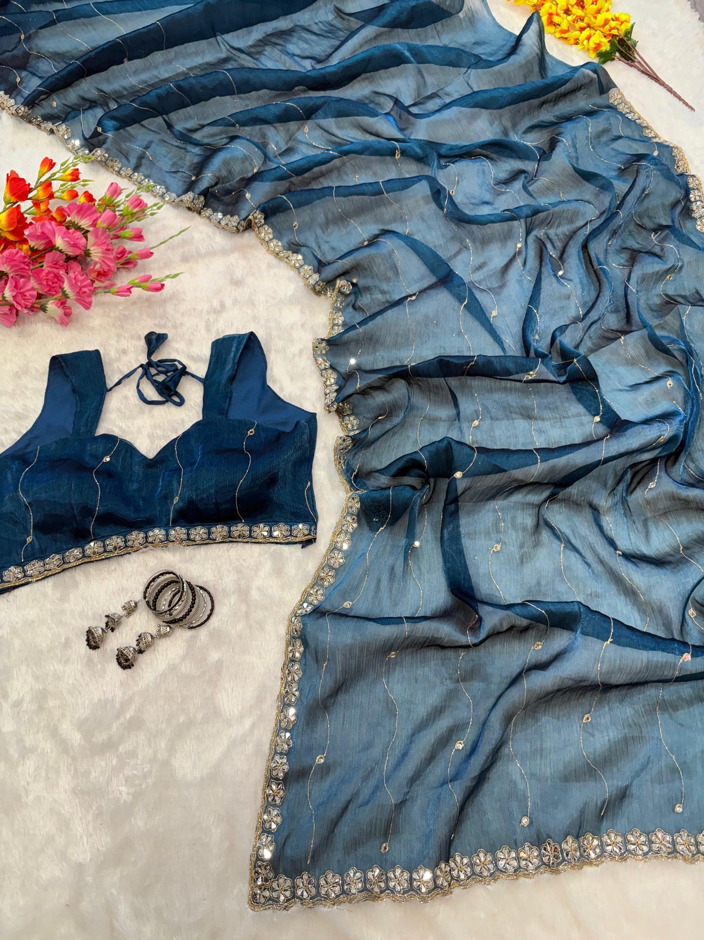 Jimmy Chu Silk Embellished With Beautiful Glitter Dori Work And Real Mirror Work