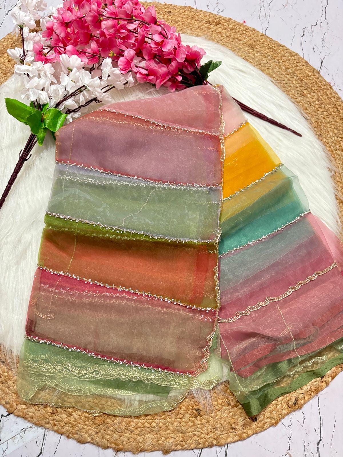 Tissue fabric designer saree with katdana handwork