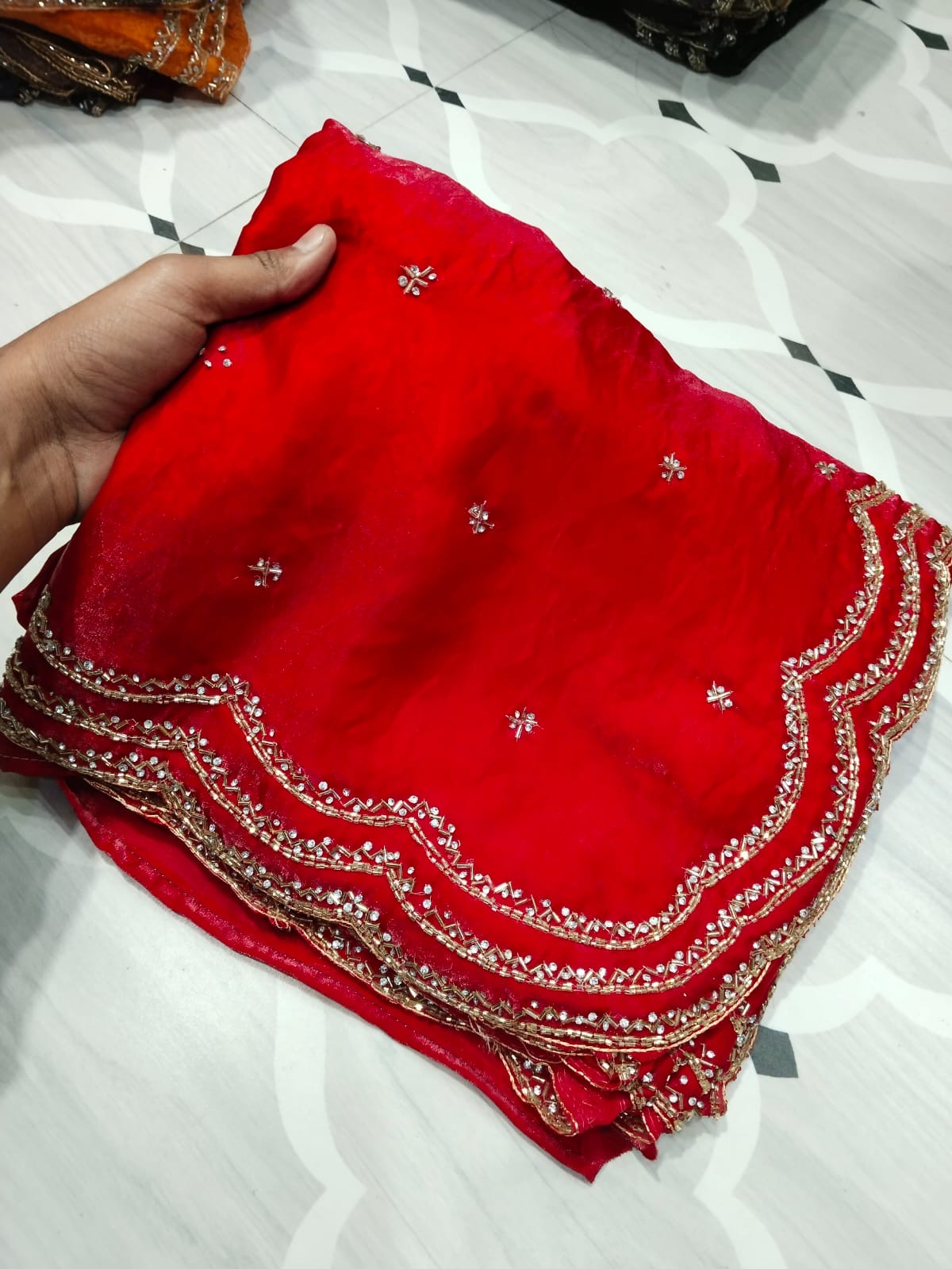 Fendi saree with diamond stone Lehriya border design Saree