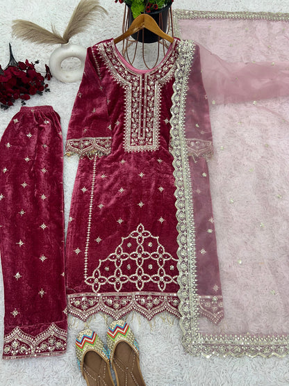 Party Wear Viscose Velvet Designer Look Top-Dupatta and Fully Stiched Bottom