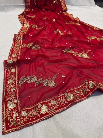 HEAVY GEORGETTE FABRIC ON BEAUTIFUL EMBRODIERY ZARI